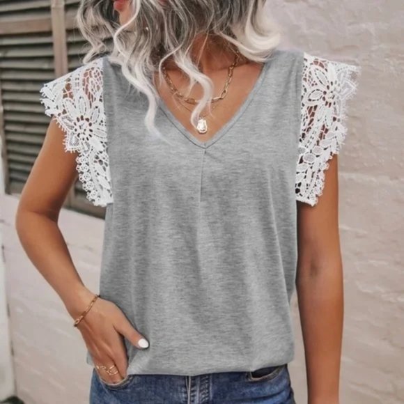 SHEIN Tops - Shein V-neck Contrast Lace Ruffle Sleeve Top Gray Size S
